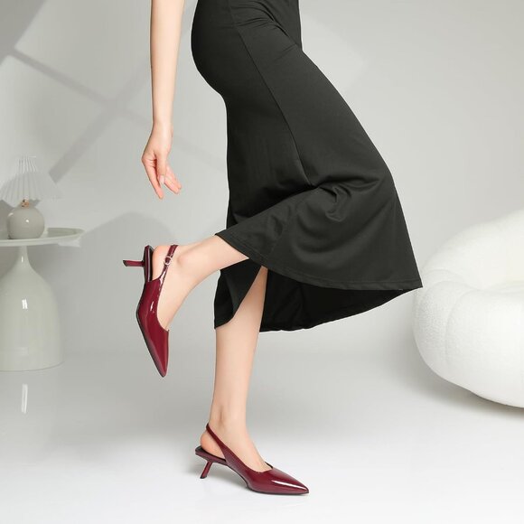 Women Burgundy Pointed Toe Pumps Patent Leather Slingback Heels With Buckle - Picture 5 of 9